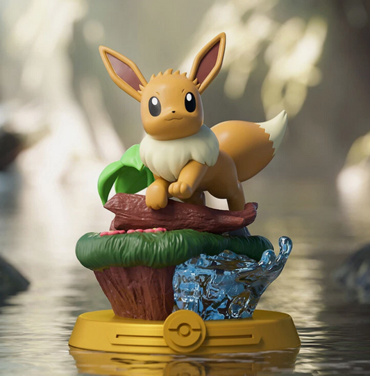 Animated character figurine on a platform with a blurred natural background