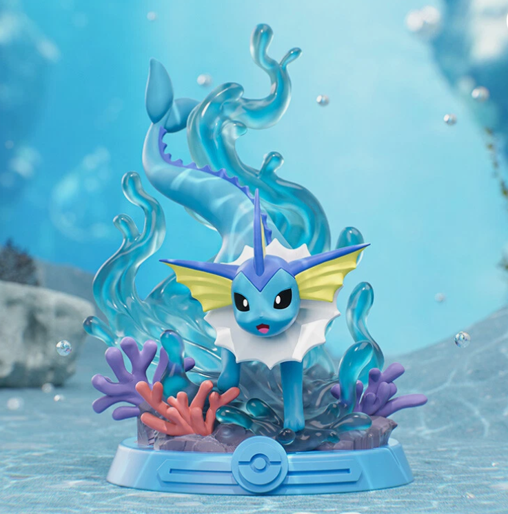 Toy figure of a blue and yellow creature with aquatic elements on a blue background