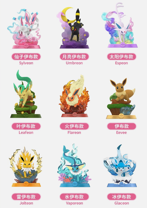 Collection of colorful figurines with labels in a grid layout