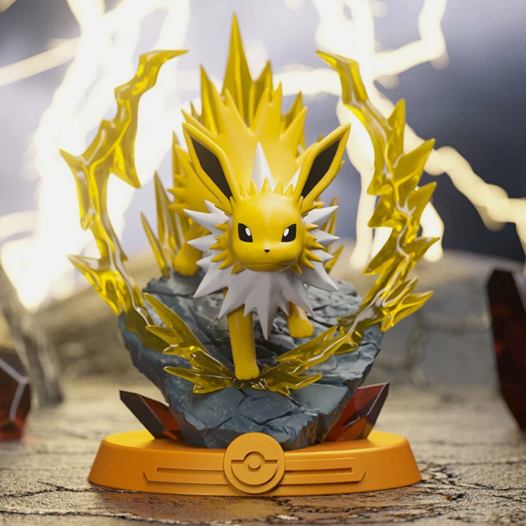 Pokémon figure of Jolteon on a stand with a blurred background